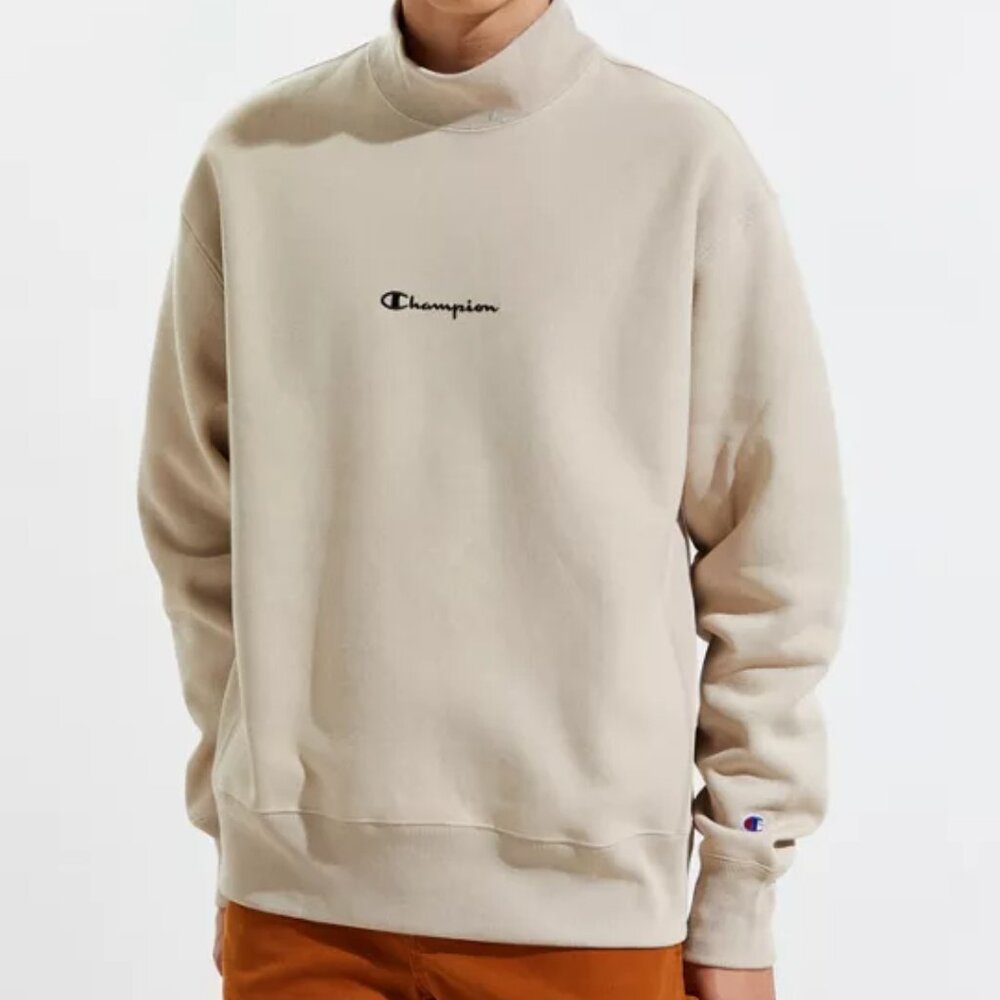 Champion Reverse Weave Embroidered Script Mock Neck Sweatshirt Beige Y2K 90s XL